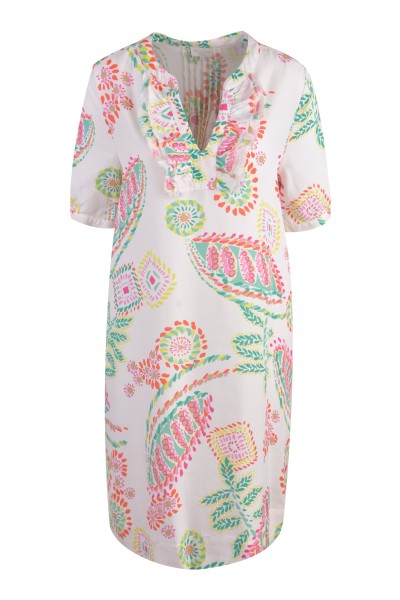 Milano Italy - Kleid mit 3/4-Ärmeln und Rundhals, White - Soft Pink Print